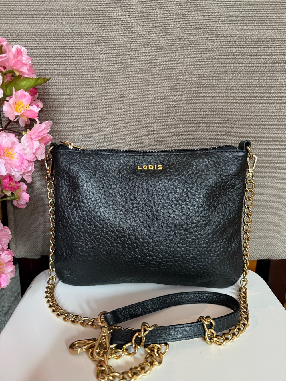 Lodis Black Pebbled Leather Crossbody with Gold Chain Strap